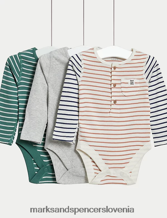 3pk bodi s črtami iz čistega bombaža mešanica žajblja Marks & Spencer oblačila dojenček 6T8F6X7456