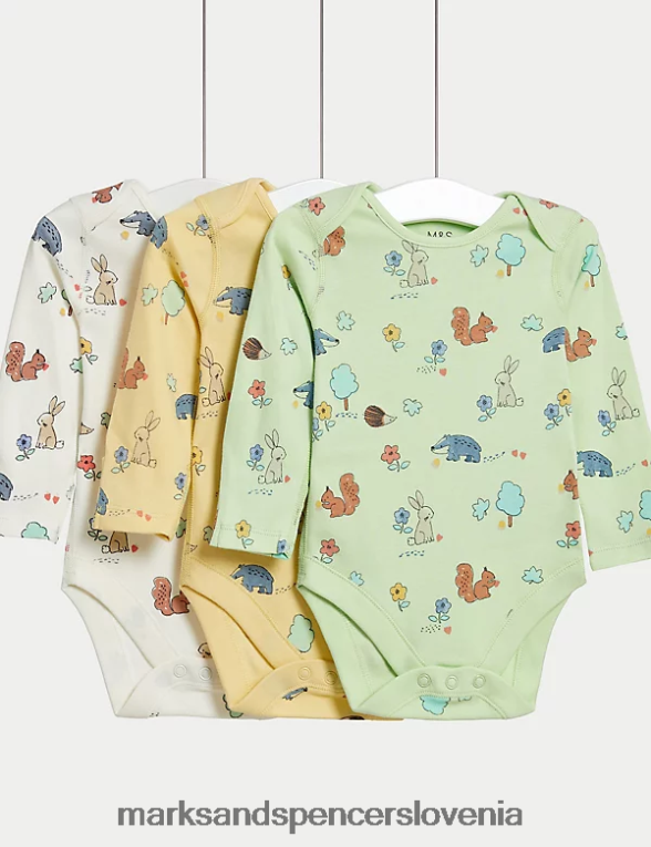 3pk bodiji iz čistega bombaža z gozdnim potiskom rumena mešanica Marks & Spencer oblačila dojenček 6T8F6X7636