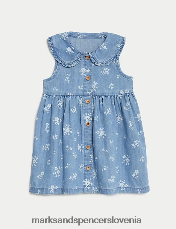 cvetlična obleka iz čistega bombaža svetlo denim Marks & Spencer oblačila dojenček 6T8F6X7678