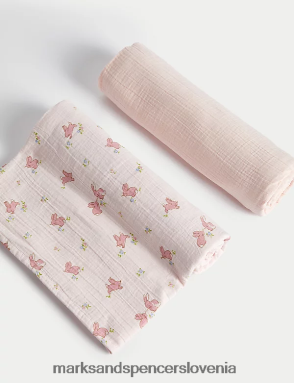 2pk čisti bombažni veliki cvetlični kvadrati iz muslina bledo roza mešanica Marks & Spencer oblačila dojenček 6T8F6X7650