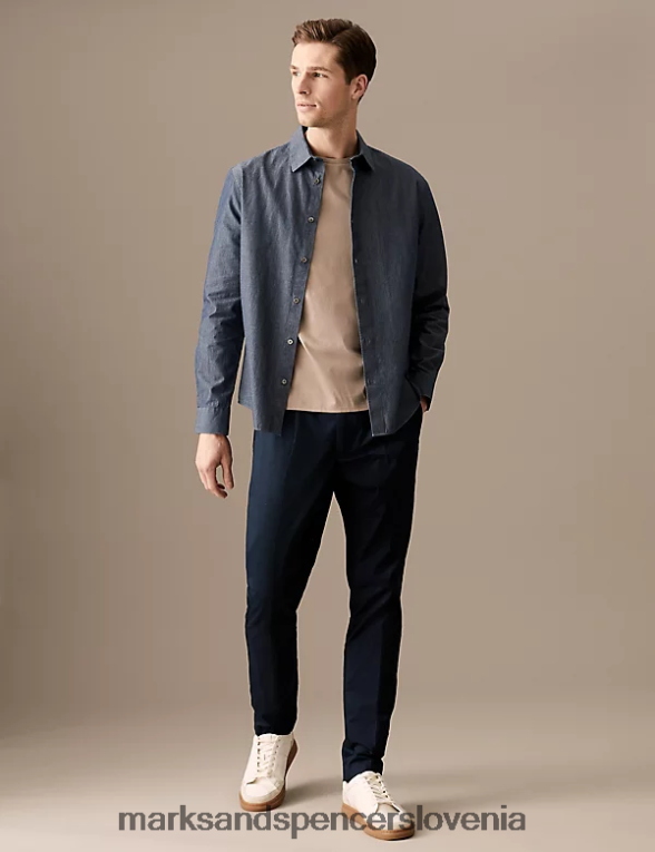 raztegljivi chinos hlače s koničastim krojem in naborki mornarica Marks & Spencer oblačila moški 6T8F6X5169