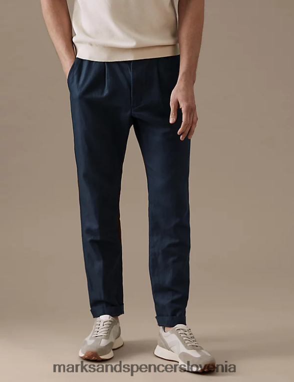 zožene hlače iz mešanice lanu mornarica Marks & Spencer oblačila moški 6T8F6X5402
