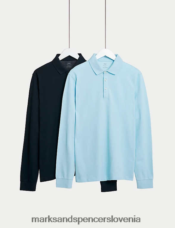 2pk polo majice z dolgimi rokavi iz čistega bombaža bledo modra mešanica Marks & Spencer oblačila moški 6T8F6X5082