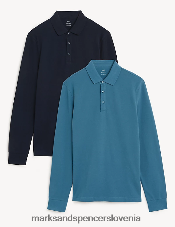 2pk polo majice z dolgimi rokavi iz čistega bombaža temno turkizna Marks & Spencer oblačila moški 6T8F6X5080