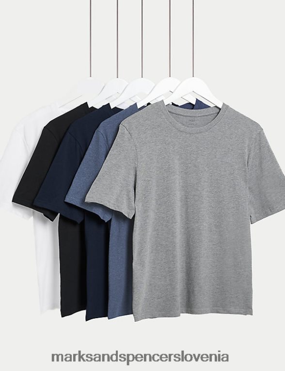 Majice s kratkimi rokavi iz čistega bombaža 5 kosov z okroglim izrezom denim mix Marks & Spencer oblačila moški 6T8F6X6173