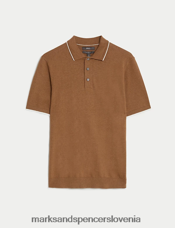 bombažna pletena polo majica s kratkimi rokavi karamela Marks & Spencer oblačila moški 6T8F6X6687