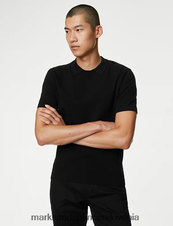 bombažna pletena polo majica s kratkimi rokavi Črna Marks & Spencer oblačila moški 6T8F6X6004