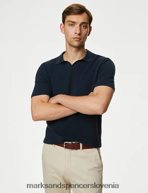 bombažna pletena polo majica z odprtim ovratnikom temna mornarica Marks & Spencer oblačila moški 6T8F6X7270