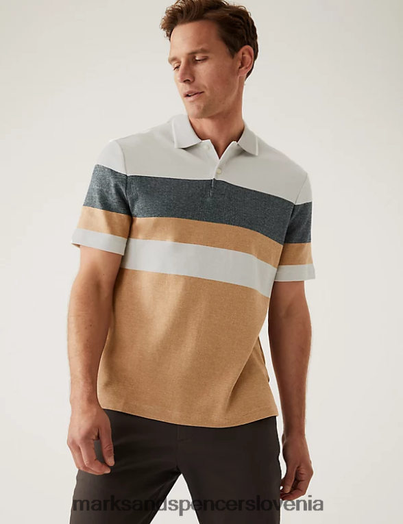 dvojno pletena črtasta polo majica iz čistega bombaža svetlo bronasta Marks & Spencer oblačila moški 6T8F6X5276