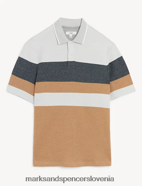 dvojno pletena črtasta polo majica iz čistega bombaža svetlo bronasta Marks & Spencer oblačila moški 6T8F6X5276
