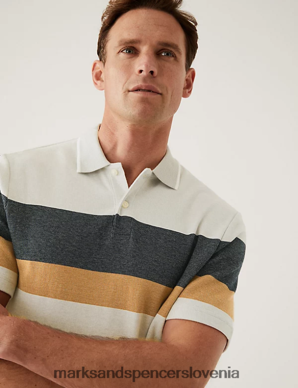 dvojno pletena črtasta polo majica iz čistega bombaža svetlo bronasta Marks & Spencer oblačila moški 6T8F6X5276