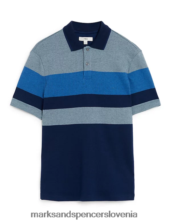 dvojno pletena črtasta polo majica iz čistega bombaža temno črnilo Marks & Spencer oblačila moški 6T8F6X5664