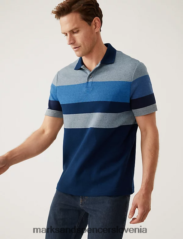 dvojno pletena črtasta polo majica iz čistega bombaža temno črnilo Marks & Spencer oblačila moški 6T8F6X5664