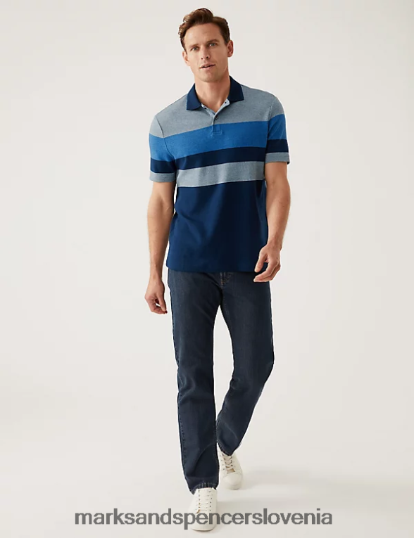 dvojno pletena črtasta polo majica iz čistega bombaža temno črnilo Marks & Spencer oblačila moški 6T8F6X5664