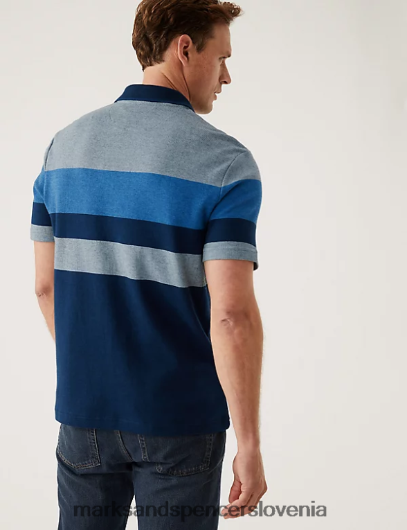 dvojno pletena črtasta polo majica iz čistega bombaža temno črnilo Marks & Spencer oblačila moški 6T8F6X5664