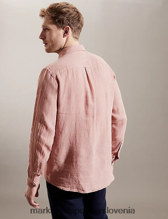 luksuzna srajca z dolgimi rokavi iz čistega lanu temno roza Marks & Spencer oblačila moški 6T8F6X5743
