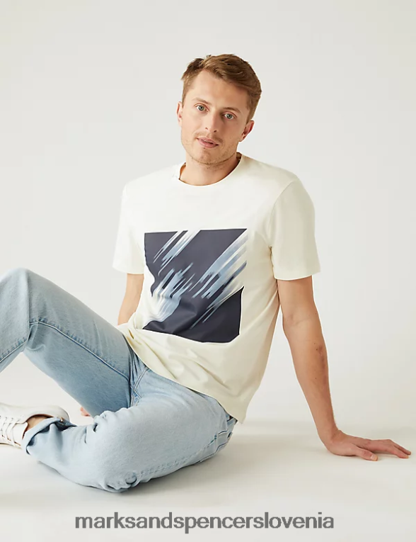 majica s kratkimi rokavi iz čistega bombaža z abstraktno grafiko slonovina Marks & Spencer oblačila moški 6T8F6X5056