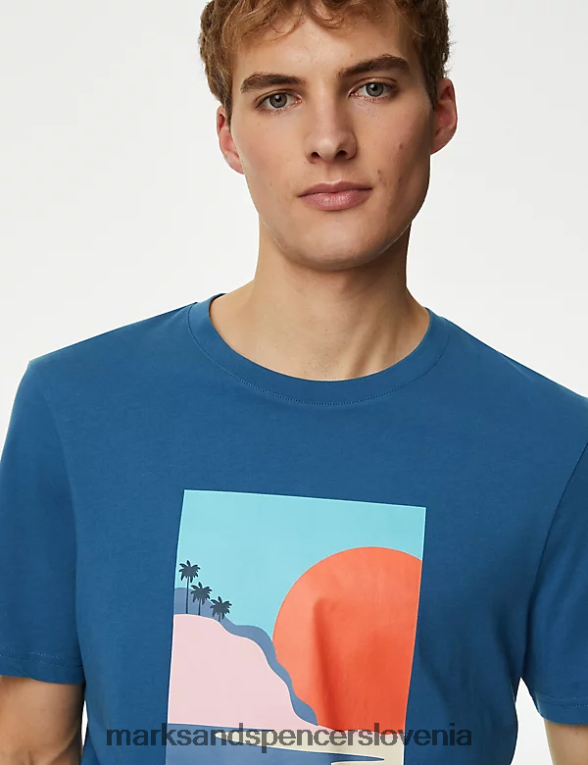 majica s kratkimi rokavi iz čistega bombaža z grafiko sončnega zahoda jekleno modra Marks & Spencer oblačila moški 6T8F6X4997