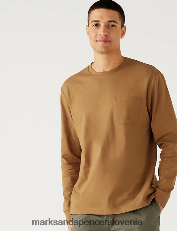 majica z dolgimi rokavi iz čistega bombaža svetlo bronasta Marks & Spencer oblačila moški 6T8F6X7101