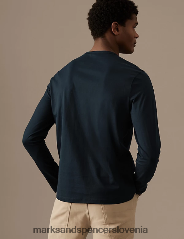 majica z dolgimi rokavi iz čistega supima bombaža temna mornarica Marks & Spencer oblačila moški 6T8F6X6372
