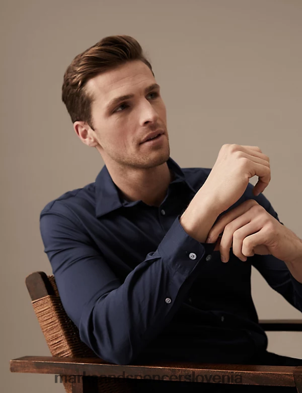 navadna srajca iz mešane svile mornarska mešanica Marks & Spencer oblačila moški 6T8F6X6819