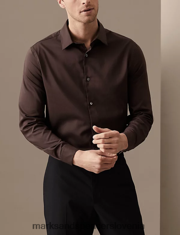 navadna srajca iz mešane svile čokolada Marks & Spencer oblačila moški 6T8F6X6473