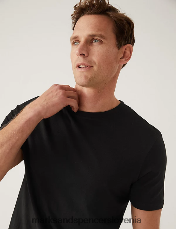 ozka majica s kratkimi rokavi iz čistega bombaža z okroglim izrezom Črna Marks & Spencer oblačila moški 6T8F6X5154