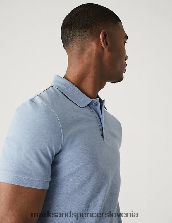ozka polo majica iz čistega bombaža v pike bledo modra Marks & Spencer oblačila moški 6T8F6X6759