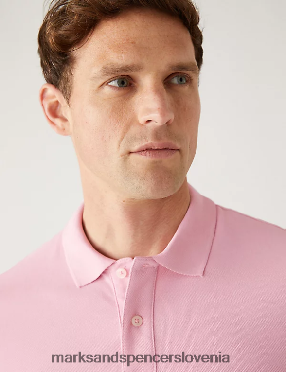 ozka polo majica iz čistega bombaža v pike roza roza Marks & Spencer oblačila moški 6T8F6X6763