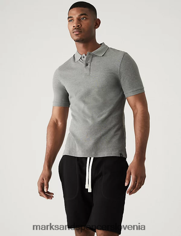 ozka polo majica iz čistega bombaža v pike siva Marks & Spencer oblačila moški 6T8F6X6760