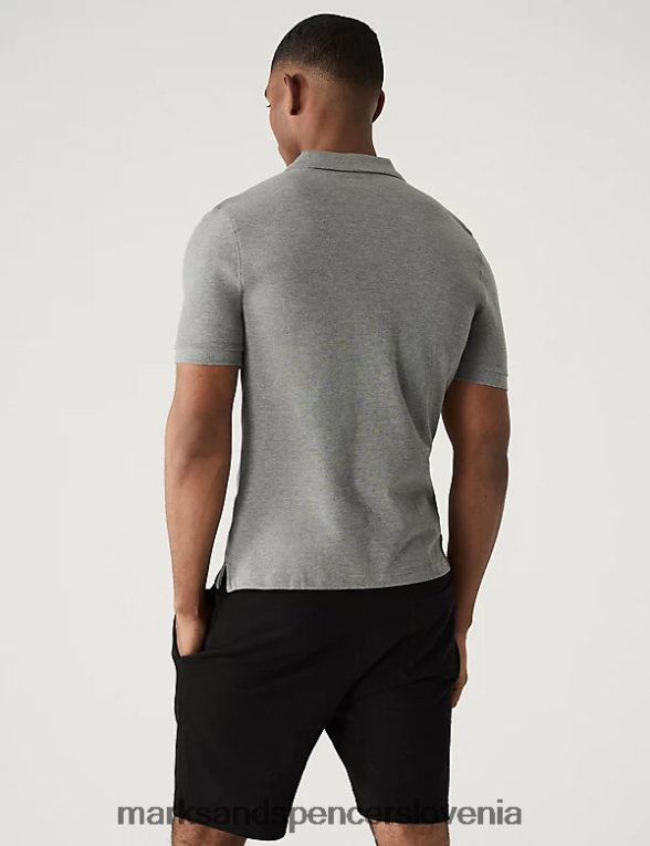 ozka polo majica iz čistega bombaža v pike siva Marks & Spencer oblačila moški 6T8F6X6760
