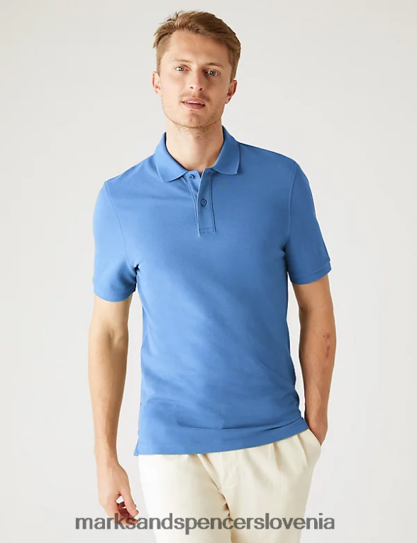 ozka polo majica iz čistega bombaža v pike srednje modra Marks & Spencer oblačila moški 6T8F6X6762