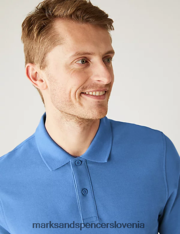 ozka polo majica iz čistega bombaža v pike srednje modra Marks & Spencer oblačila moški 6T8F6X6762