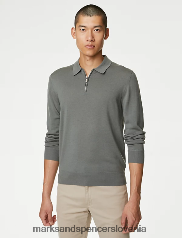 pletena polo majica iz čiste ekstra fine merino volne žajbelj zelen Marks & Spencer oblačila moški 6T8F6X7067