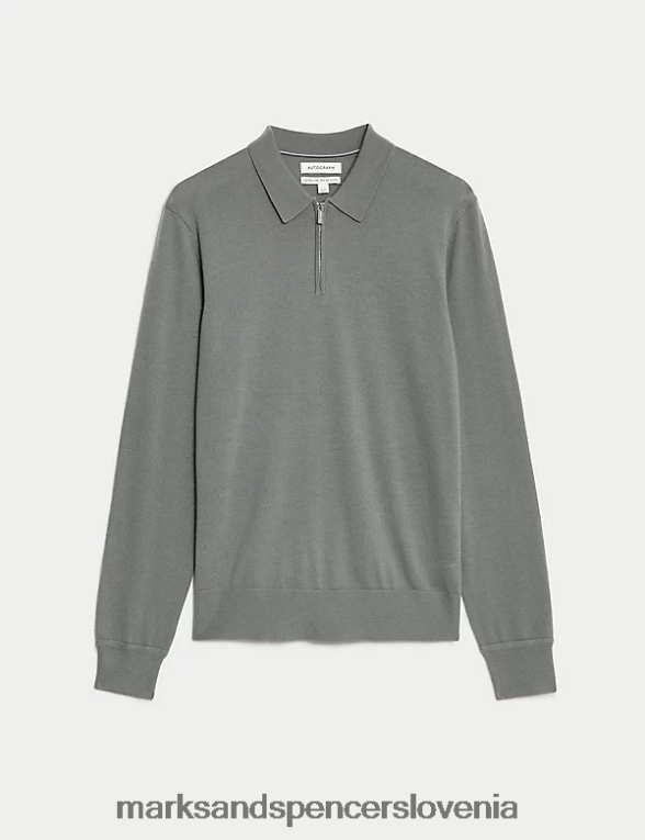 pletena polo majica iz čiste ekstra fine merino volne žajbelj zelen Marks & Spencer oblačila moški 6T8F6X7067