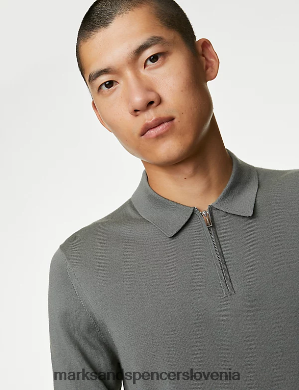 pletena polo majica iz čiste ekstra fine merino volne žajbelj zelen Marks & Spencer oblačila moški 6T8F6X7067