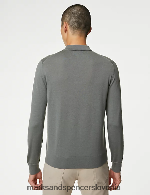 pletena polo majica iz čiste ekstra fine merino volne žajbelj zelen Marks & Spencer oblačila moški 6T8F6X7067