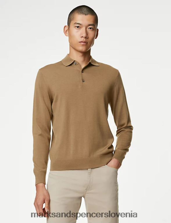 pletena polo majica iz čiste ekstra fine merino volne kamela Marks & Spencer oblačila moški 6T8F6X5522