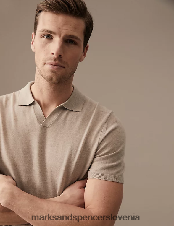 pletena polo majica iz čiste ekstra fine merino volne lahka naravna Marks & Spencer oblačila moški 6T8F6X6566