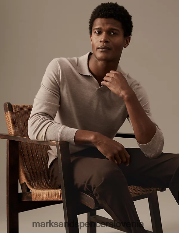 pletena polo majica iz čiste ekstra fine merino volne lahka naravna Marks & Spencer oblačila moški 6T8F6X6673