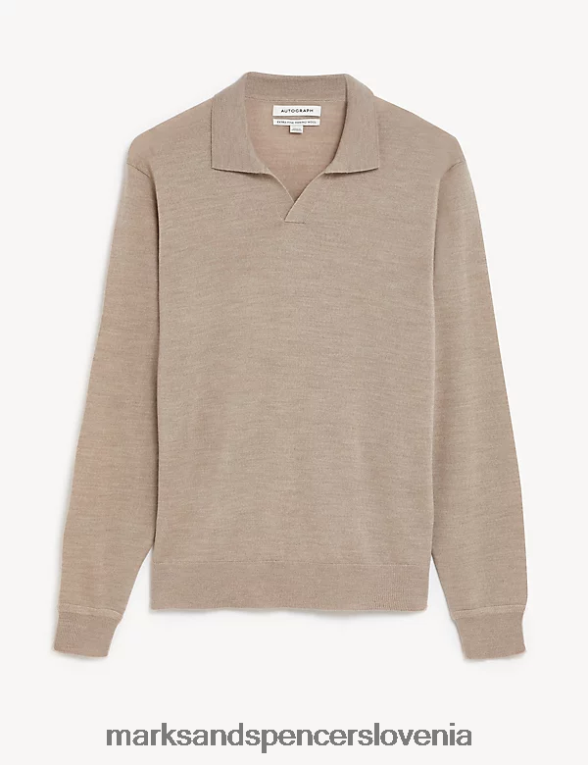 pletena polo majica iz čiste ekstra fine merino volne lahka naravna Marks & Spencer oblačila moški 6T8F6X6673