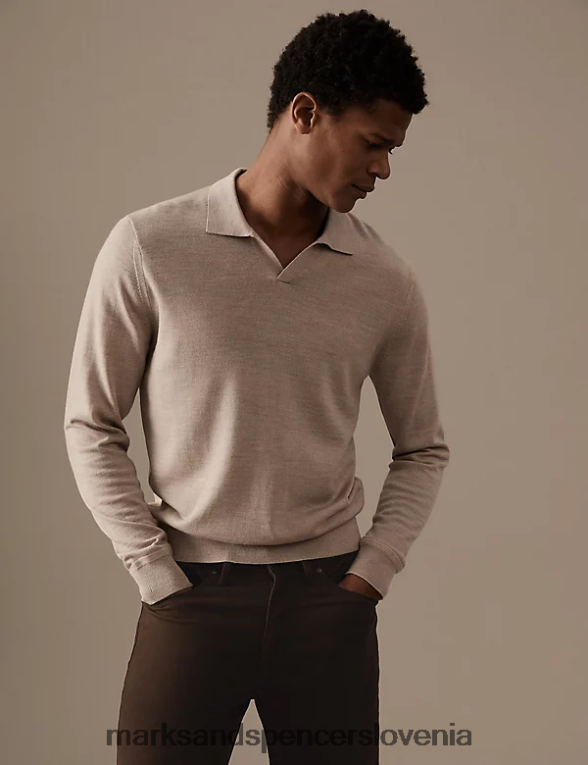 pletena polo majica iz čiste ekstra fine merino volne lahka naravna Marks & Spencer oblačila moški 6T8F6X6673