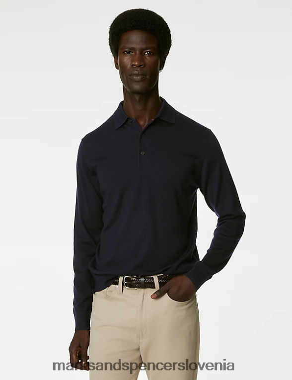 pletena polo majica iz čiste ekstra fine merino volne mornarica Marks & Spencer oblačila moški 6T8F6X5113