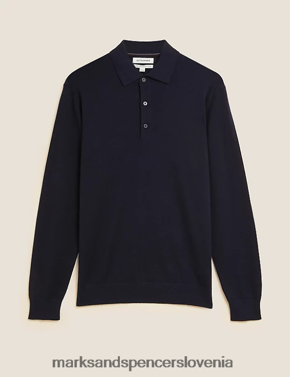 pletena polo majica iz čiste ekstra fine merino volne mornarica Marks & Spencer oblačila moški 6T8F6X5113