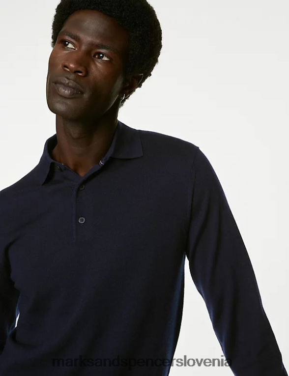 pletena polo majica iz čiste ekstra fine merino volne mornarica Marks & Spencer oblačila moški 6T8F6X5113