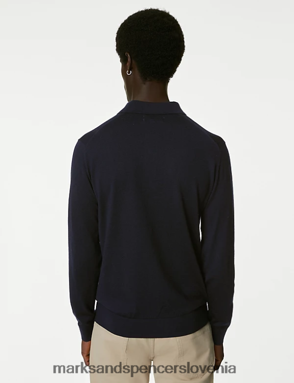 pletena polo majica iz čiste ekstra fine merino volne mornarica Marks & Spencer oblačila moški 6T8F6X5113