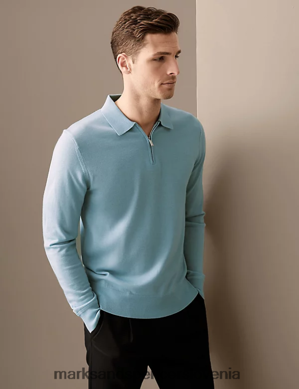 pletena polo majica iz čiste ekstra fine merino volne račje jajce Marks & Spencer oblačila moški 6T8F6X7065