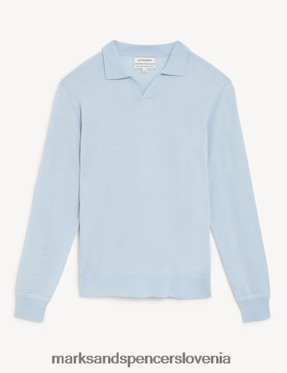 pletena polo majica iz čiste ekstra fine merino volne svetlo modra Marks & Spencer oblačila moški 6T8F6X7050