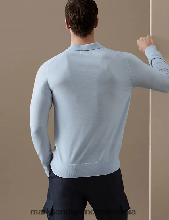 pletena polo majica iz čiste ekstra fine merino volne svetlo modra Marks & Spencer oblačila moški 6T8F6X7050