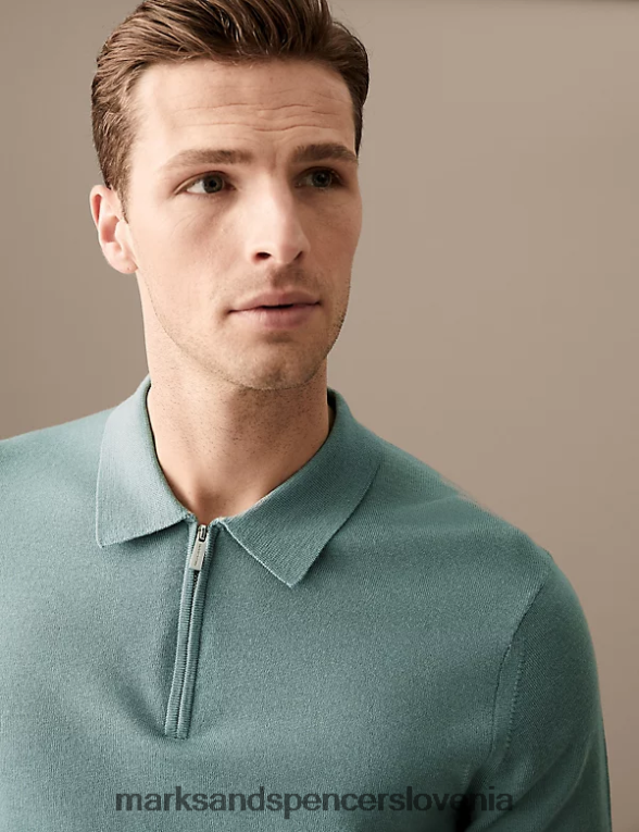 pletena polo majica iz čiste ekstra fine merino volne zbledela zelena Marks & Spencer oblačila moški 6T8F6X7066